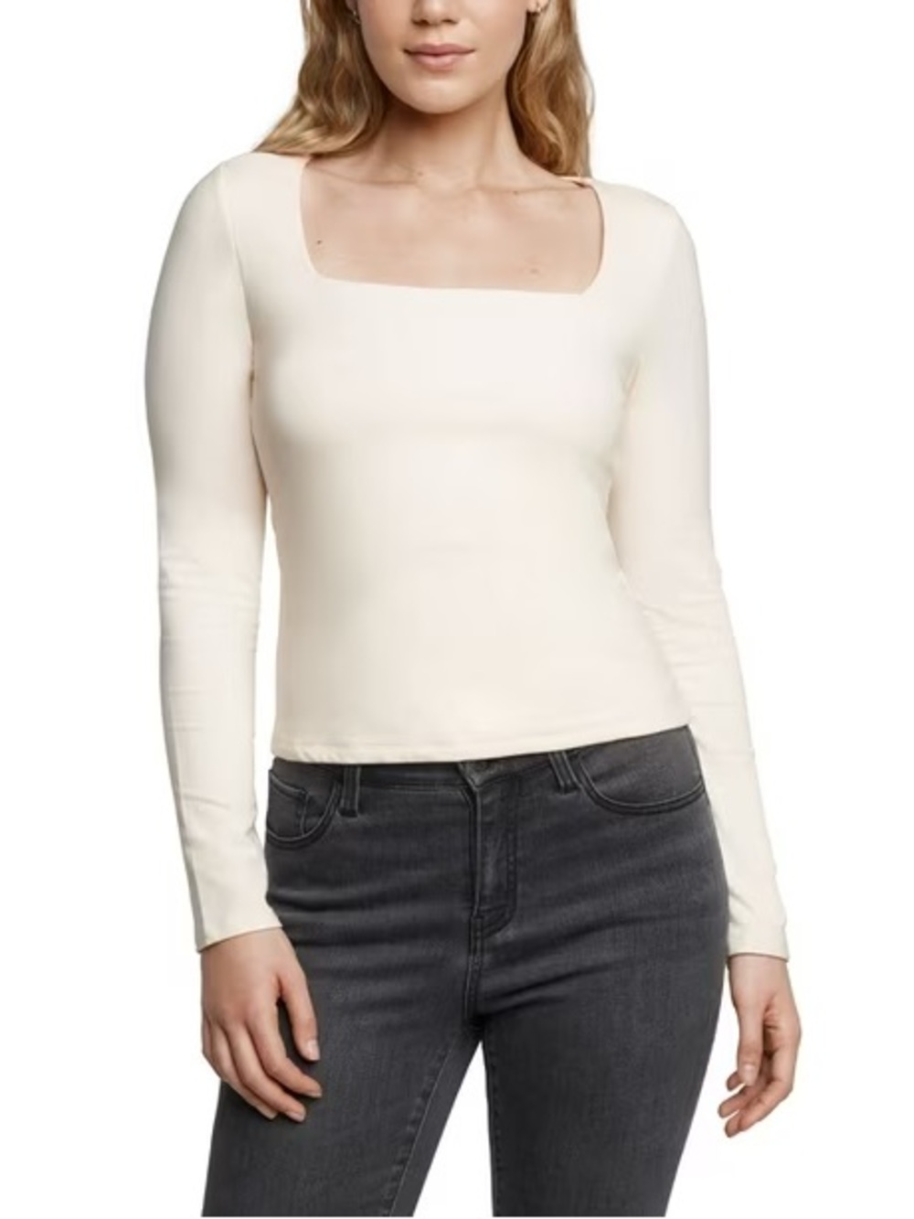 Express Square-Neck Long-Sleeve Top in Cream